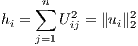      ∑n  2       2
hi =    Uij = ∥ui∥2
     j=1
